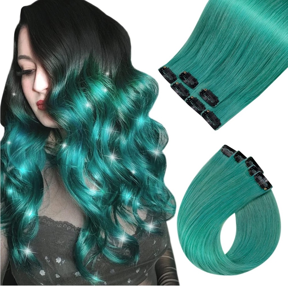 18Inch Green Teal Clip in Human Hair Extensions 6pcs Straight Remy Hair 48 Grams